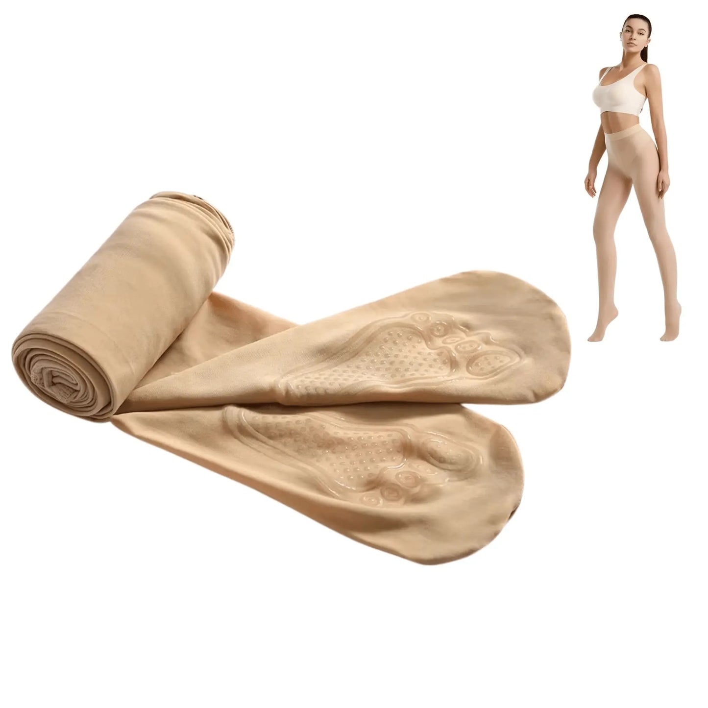 Beige tights with a model wearing them on a white background