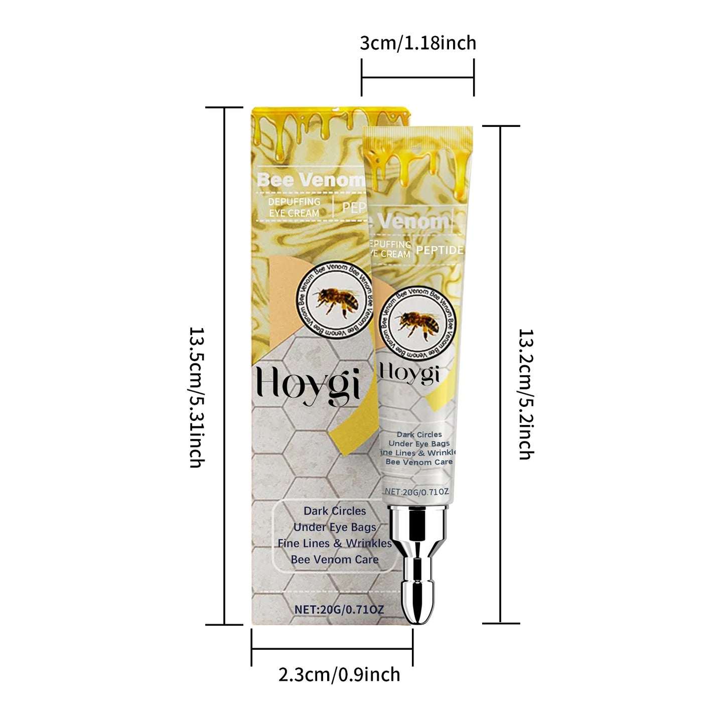 Image displaying the Hoygi Bee Venom Depuffing Eye Cream tube with its dimensions: 13.5cm/5.31inch in height, 3cm/1.18inch in width, and 2.3cm/0.9inch at the base. The packaging details "Dark Circles, Under Eye Bags, Fine Lines & Wrinkles, Bee Venom Care" and "NET: 20G/0.71OZ."