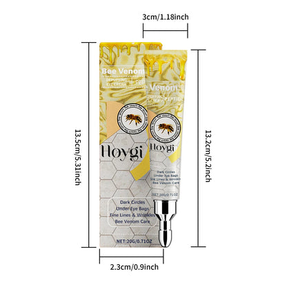 Image displaying the Hoygi Bee Venom Depuffing Eye Cream tube with its dimensions: 13.5cm/5.31inch in height, 3cm/1.18inch in width, and 2.3cm/0.9inch at the base. The packaging details "Dark Circles, Under Eye Bags, Fine Lines & Wrinkles, Bee Venom Care" and "NET: 20G/0.71OZ."