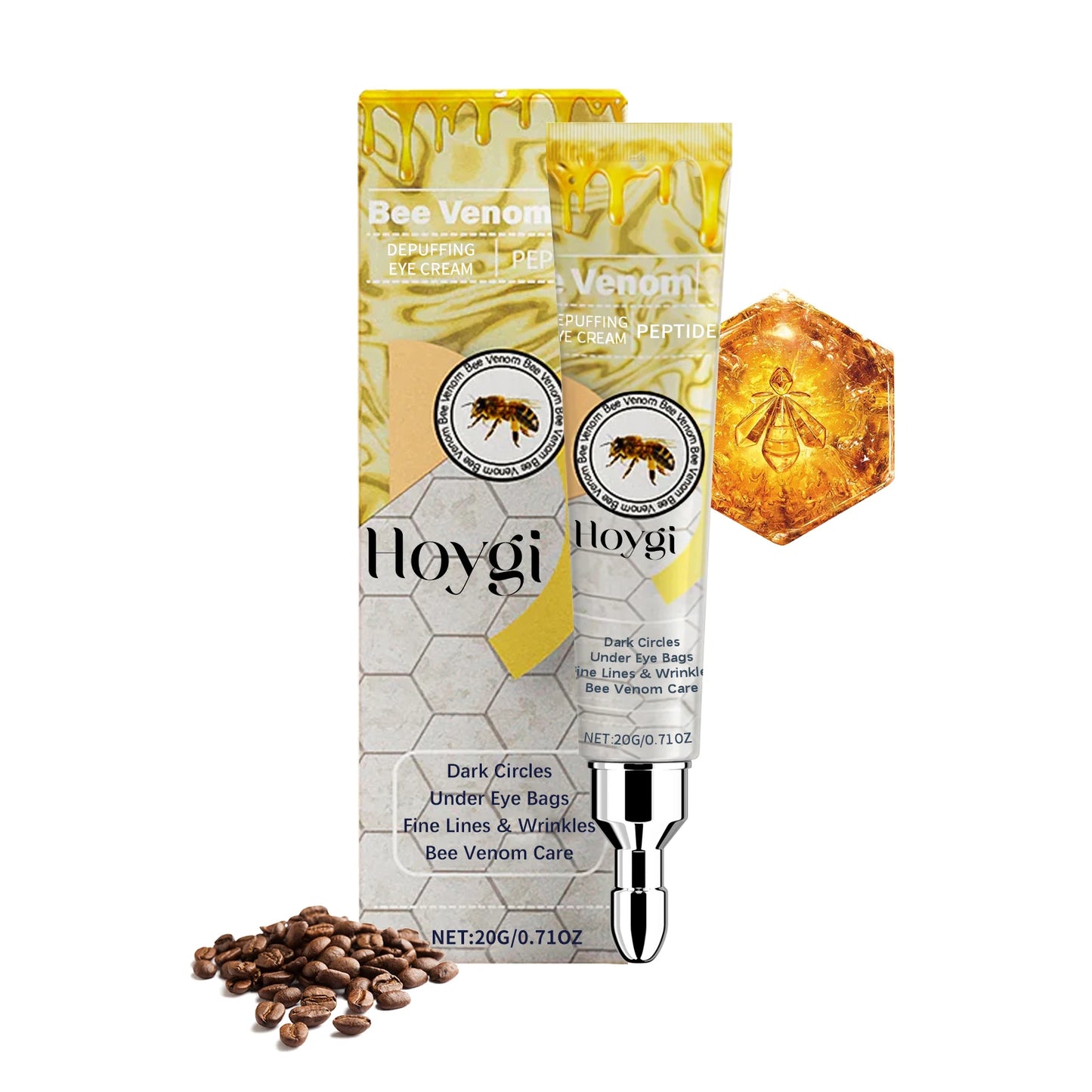 Close-up of the Hoygi Bee Venom Depuffing Eye Cream tube (20G/0.71OZ), showcasing its yellow and white design, honey drip visuals, bee illustrations, and mentions of "Peptide" and "Bee Venom Care" for various eye concerns.