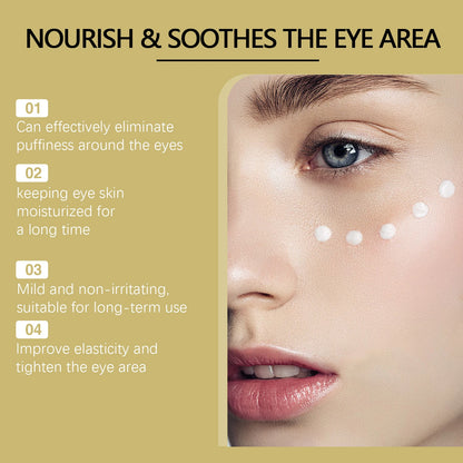 Product benefit graphic listing four key effects: eliminating puffiness, long-term moisturization, mild formulation for sensitive skin, and enhanced elasticity to tighten the eye area, illustrated with a model's eye.
