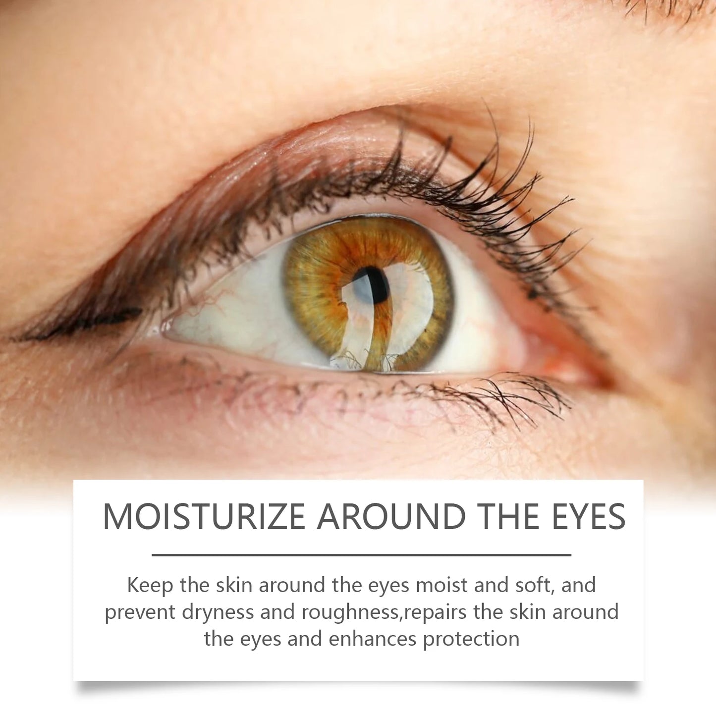 Graphic highlighting the moisturizing properties of an eye product, ensuring the skin around the eyes remains moist and soft, preventing dryness and roughness, while also repairing and enhancing its protective barrier.