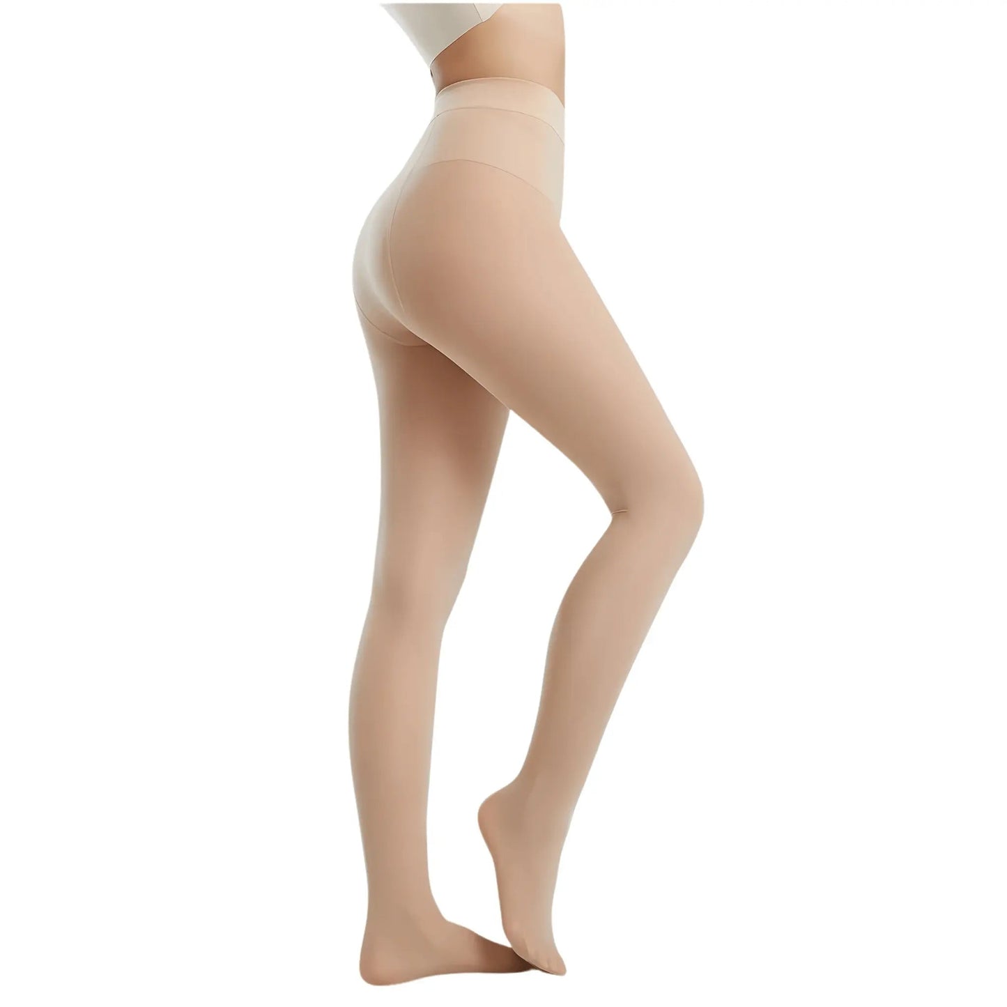 Side view close-up of a model's legs wearing nude or beige ultra-sheer slimming tights with a wide control-top waistband, isolated on a white background